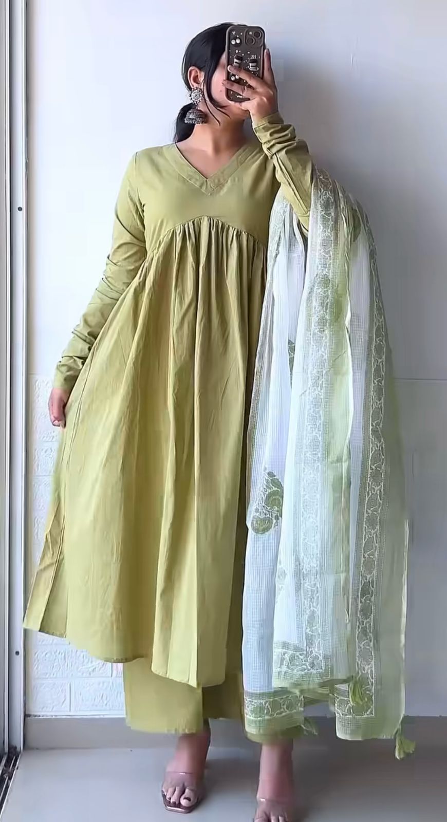 Women's Cotton Blend Anarkali Printed Kurta with Pant & Dupatta