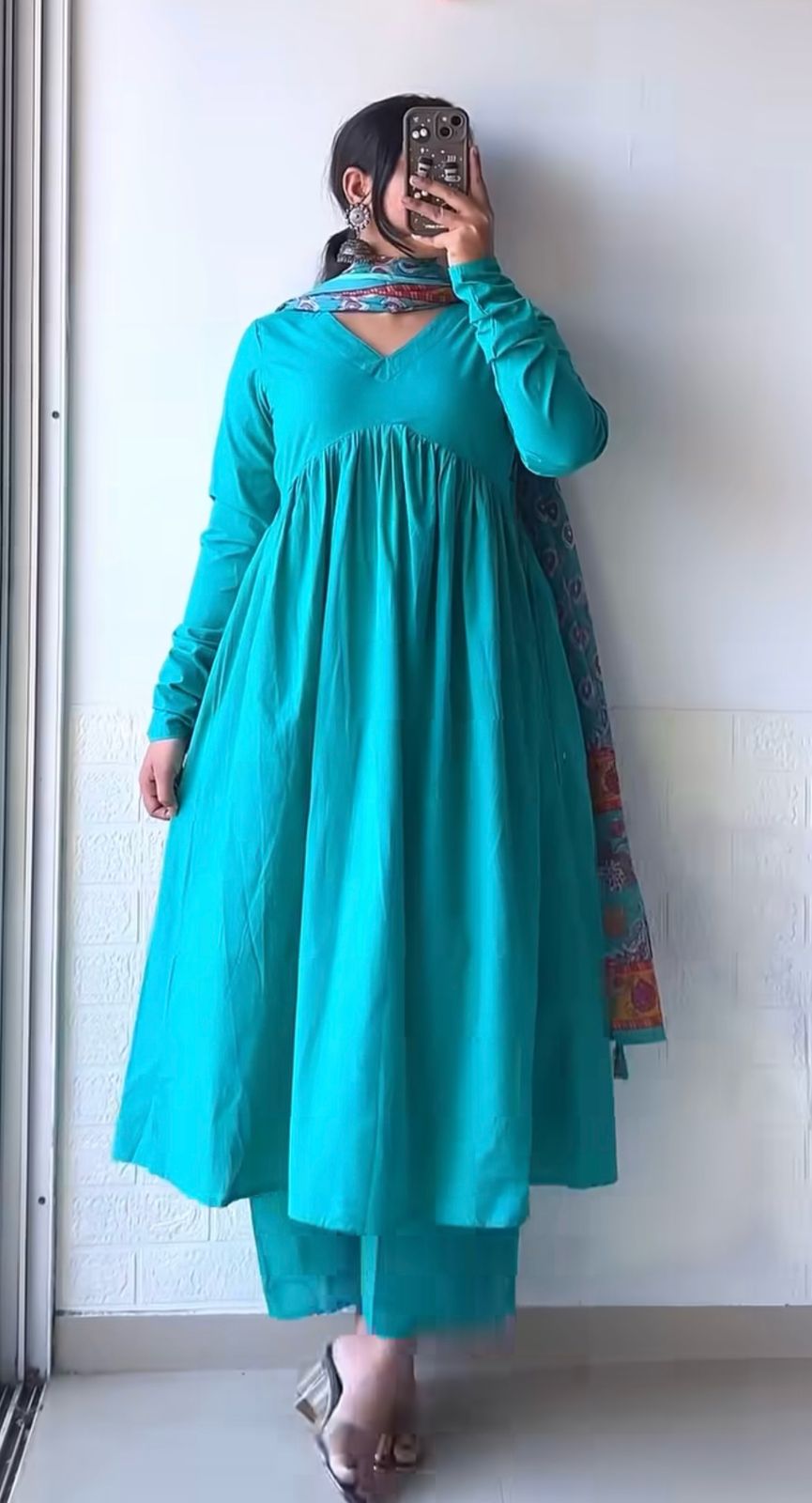 Women's Cotton Blend Anarkali Printed Kurta with Pant & Dupatta