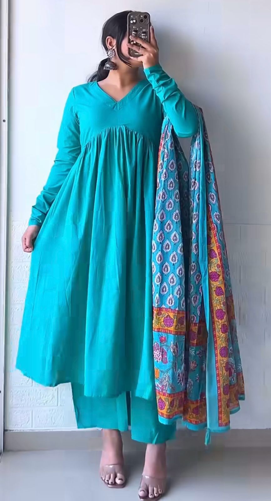 Women's Cotton Blend Anarkali Printed Kurta with Pant & Dupatta