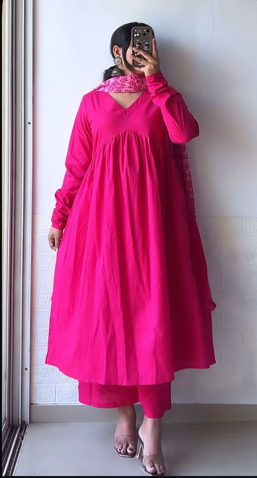 Women's Cotton Blend Anarkali Printed Kurta with Pant & Dupatta