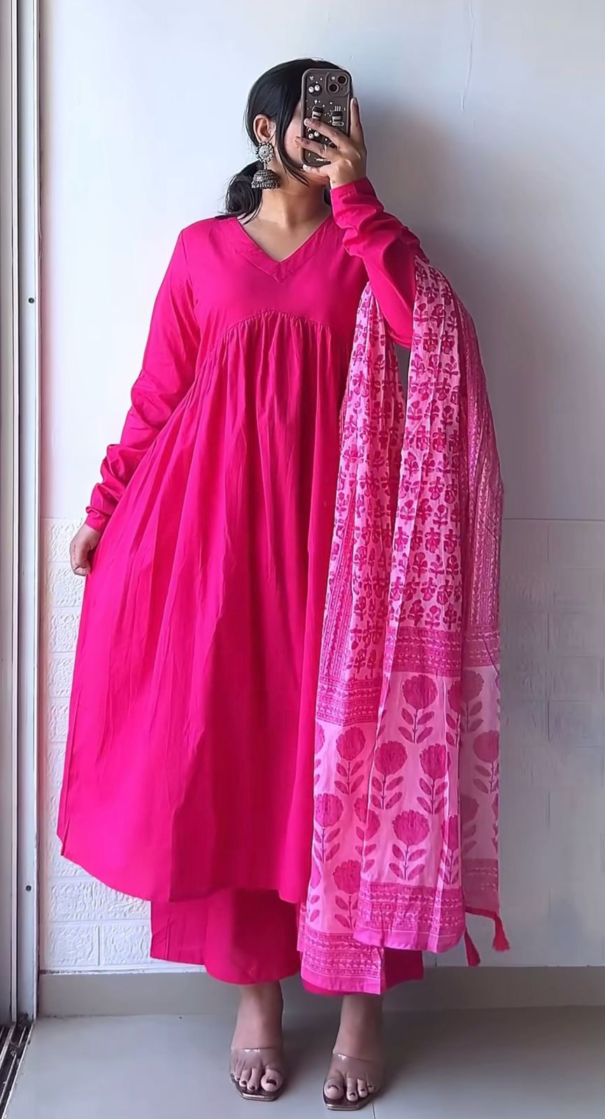 Women's Cotton Blend Anarkali Printed Kurta with Pant & Dupatta