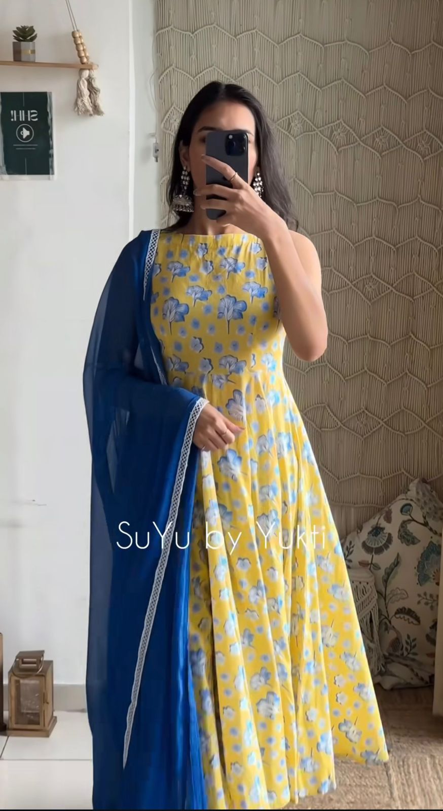Women's Cotton Blend Anarkali Kurta Pant Set with Dupatta